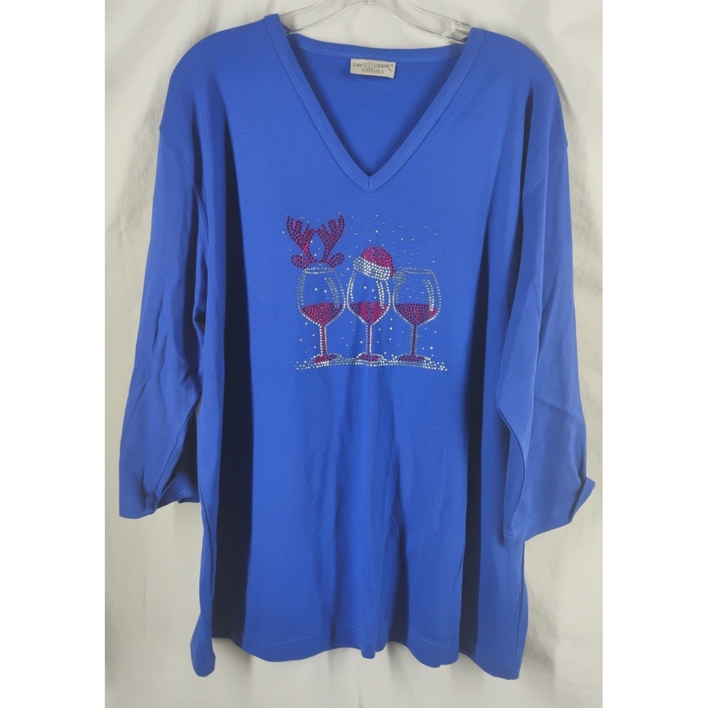 Isaacs Designs Casuals Womens 2XL Blue Vneck Christmas Shirt Drinking Wine